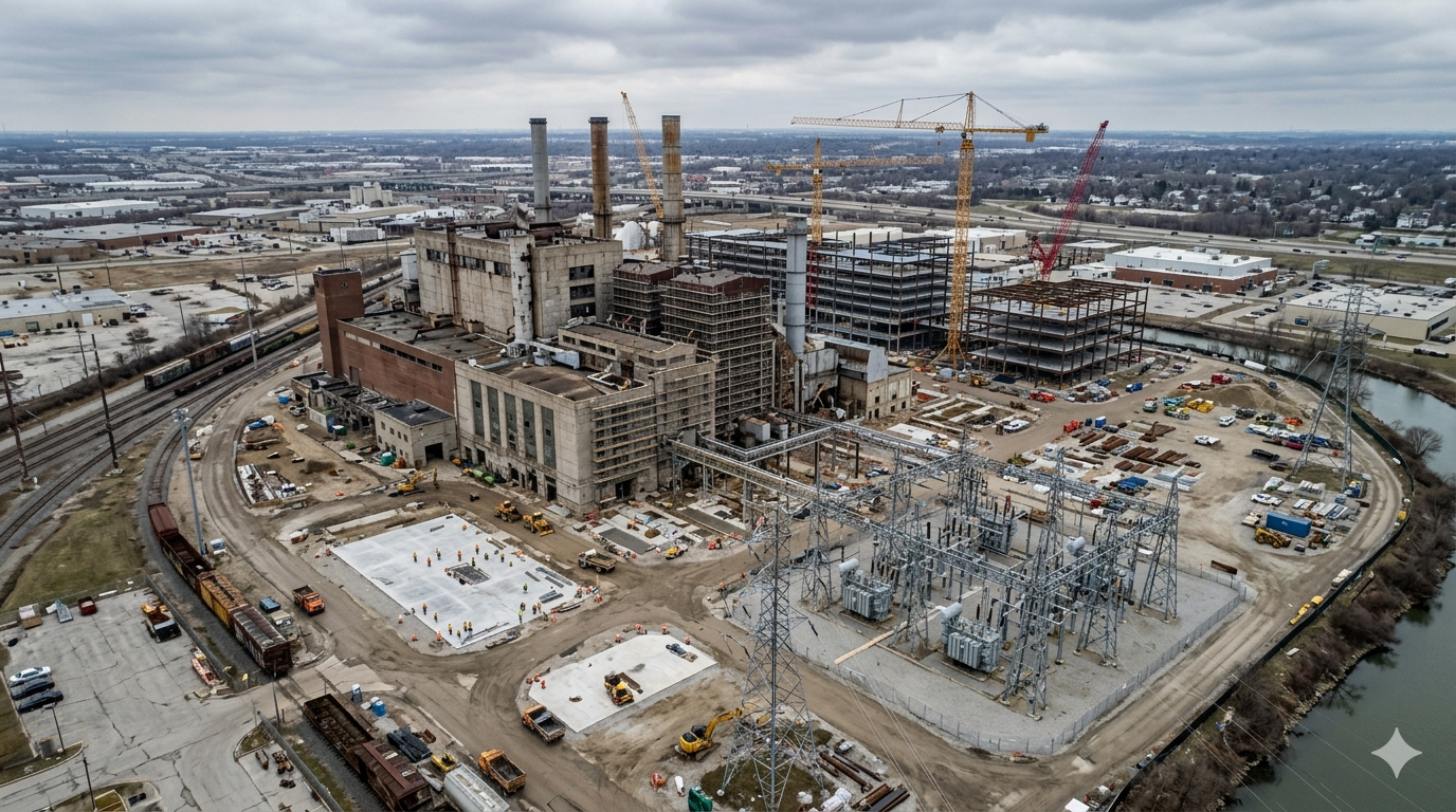 stranded power assets AI infrastructure former industrial site substation transmission lines aerial view