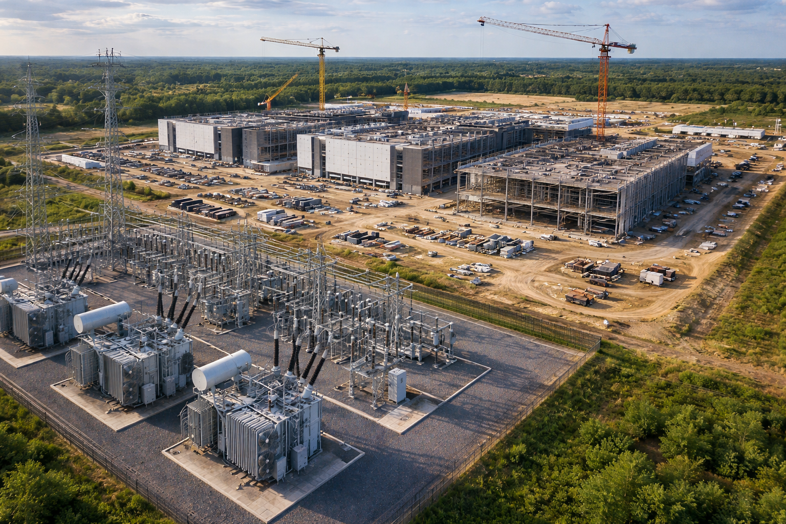 AI data center site selection power infrastructure aerial view