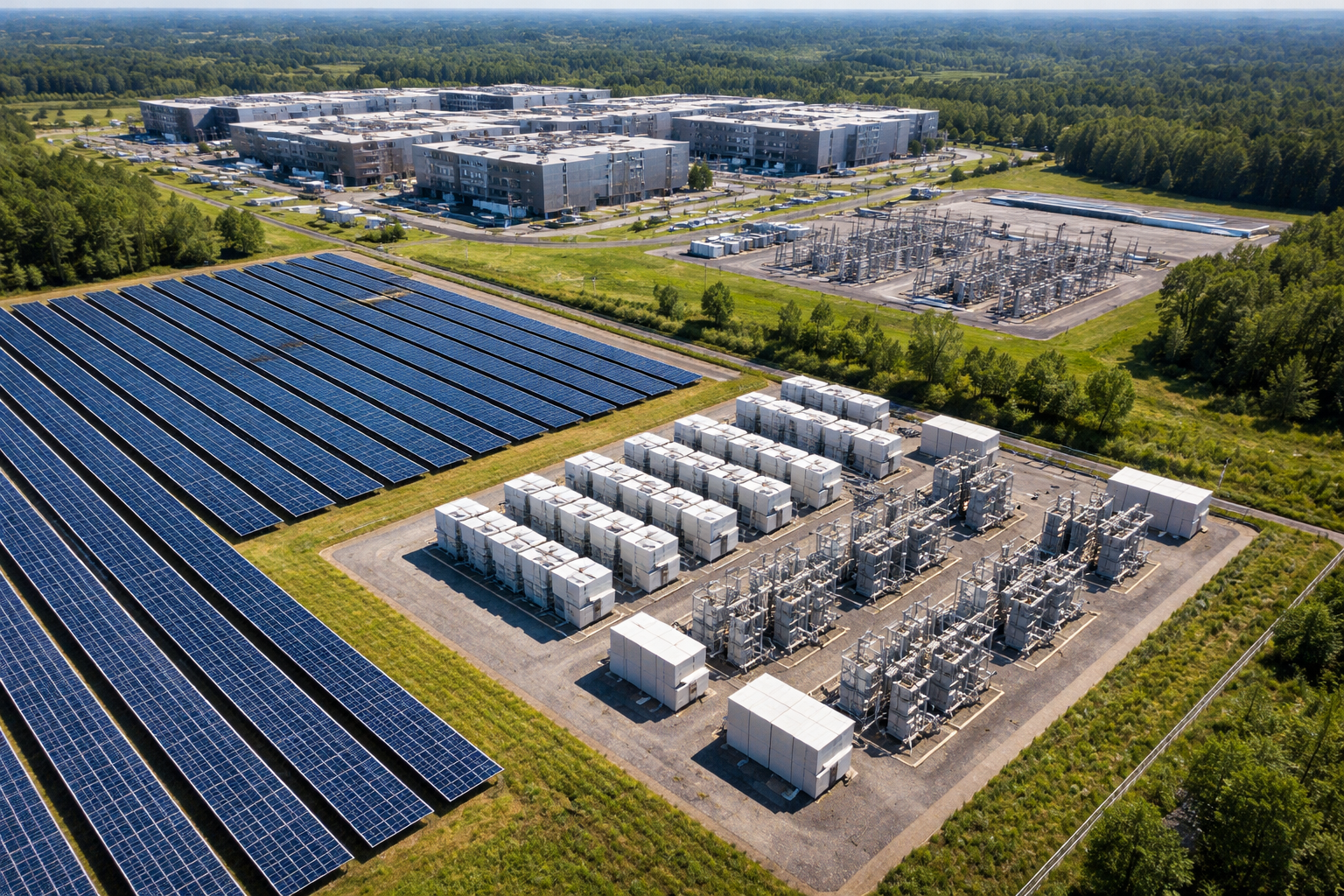 Solar battery storage facility adjacent AI data center campus