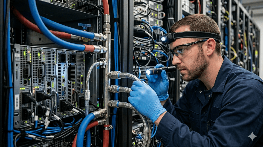 liquid cooling maintenance AI data center seal degradation coolant technician shortage