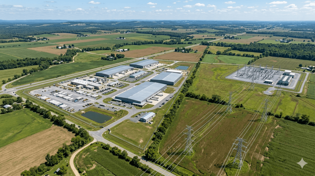 AI data center site selection economics power infrastructure aerial land parcel