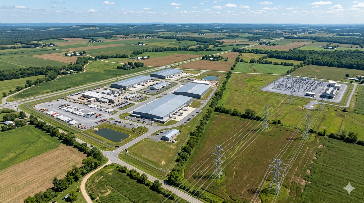 AI data center site selection economics power infrastructure aerial land parcel