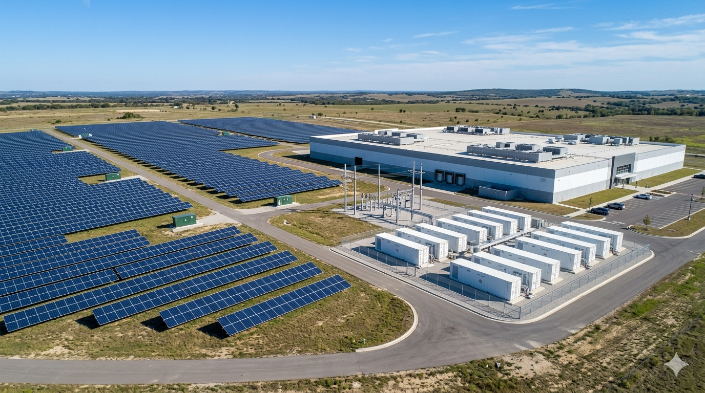 behind the meter power AI data center solar generation battery storage on-site energy aerial view