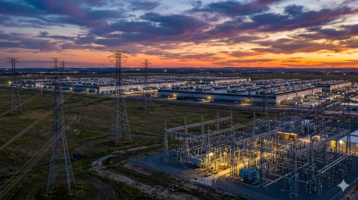 data center grid crisis regulation power transmission lines substation landscape
