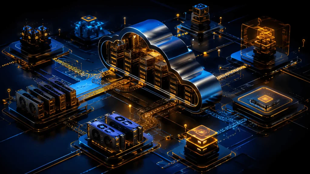 Futuristic AI neocloud infrastructure with glowing GPU clusters